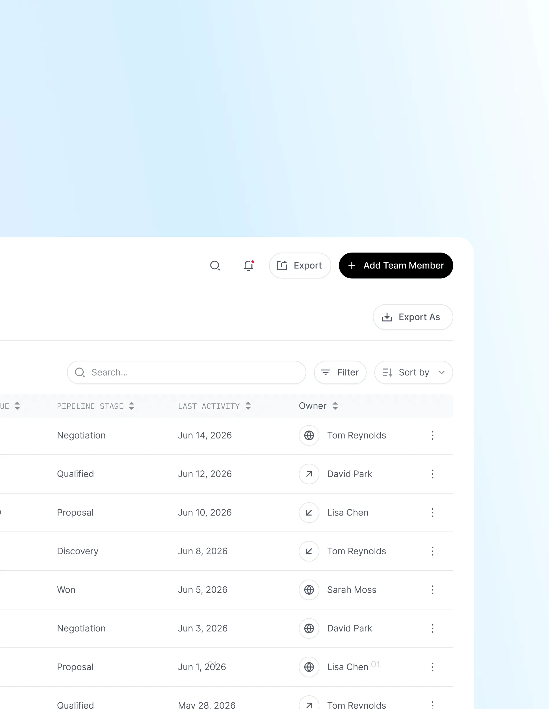 Every contact, deal and payment lives in one workspace. Filter the pipeline by stage, owner or value, and each record stays connected to the revenue behind it—so the number you see is the number that settled.